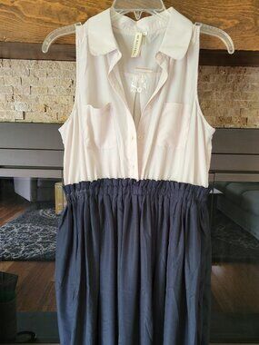 My Beloved sheer beige/cream + black button-down sleeveless empire waist dress